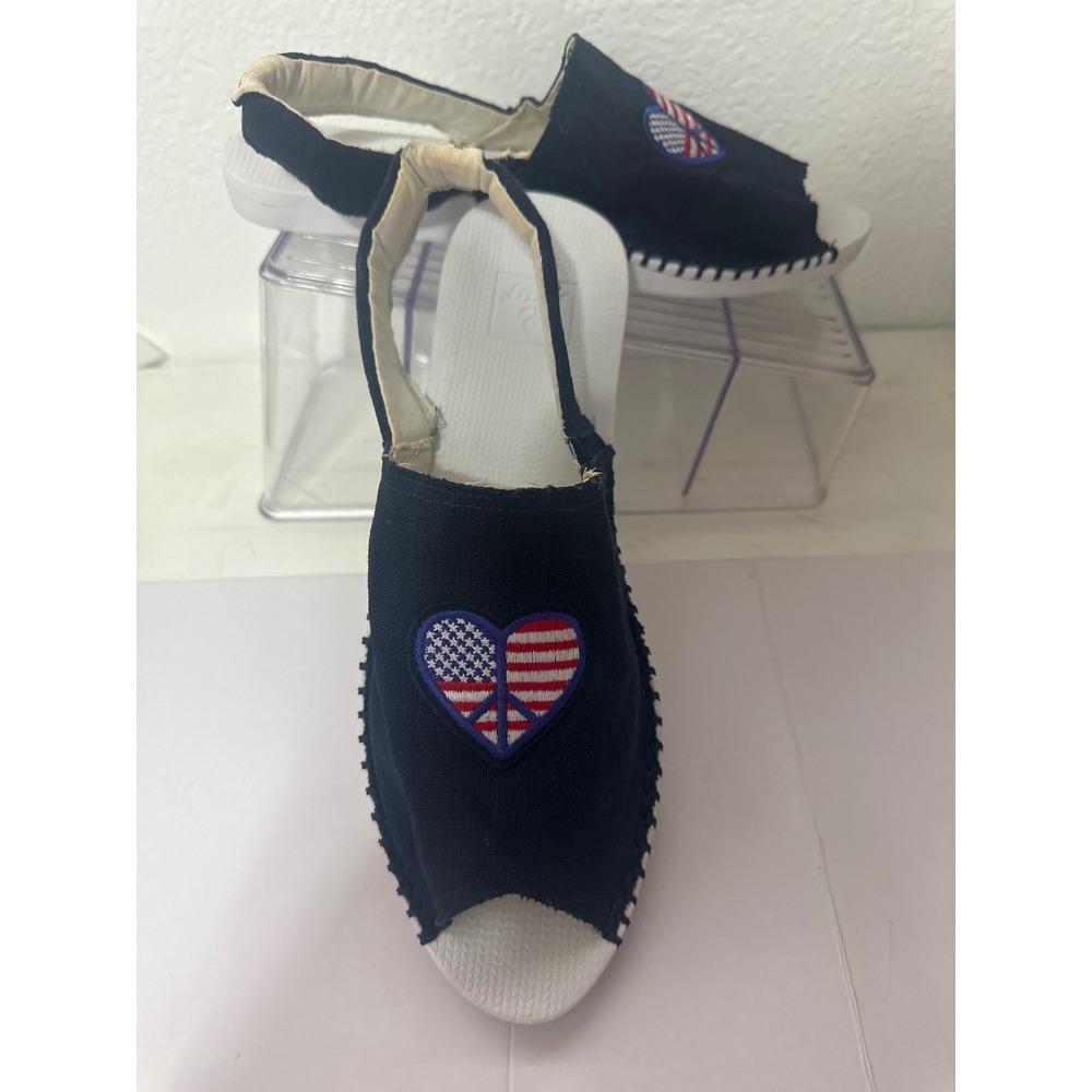 🇺🇸Reef Navy Canvas Slingback Sandals Patriotic Peace Heart Peep Toe Women 10